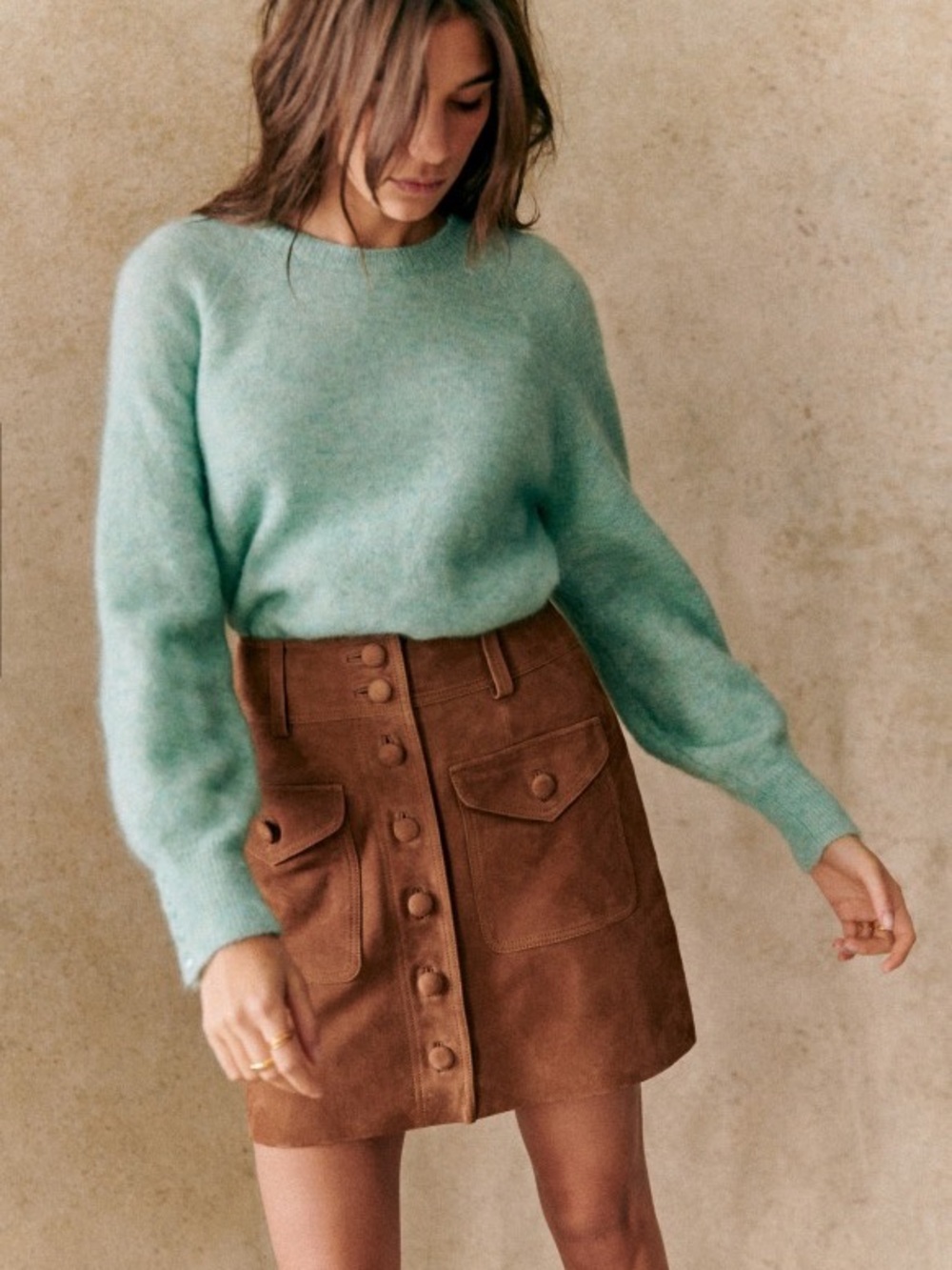 Sezane Women's Suede Button-Front A-Line "Bettie" Skirt in Camel
